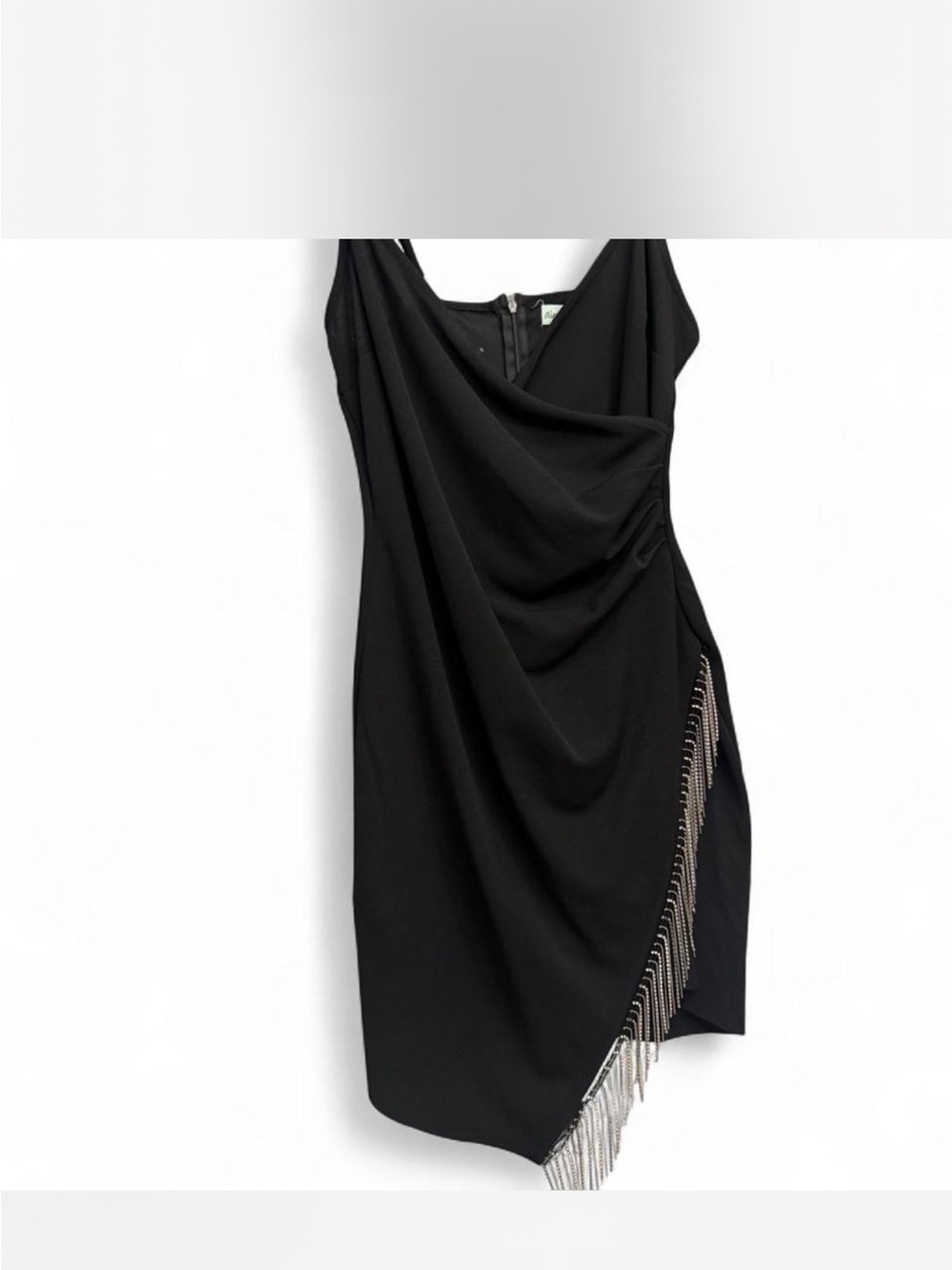 Almost Famous Black Draped Asymmetric Fringe Cocktail Dress